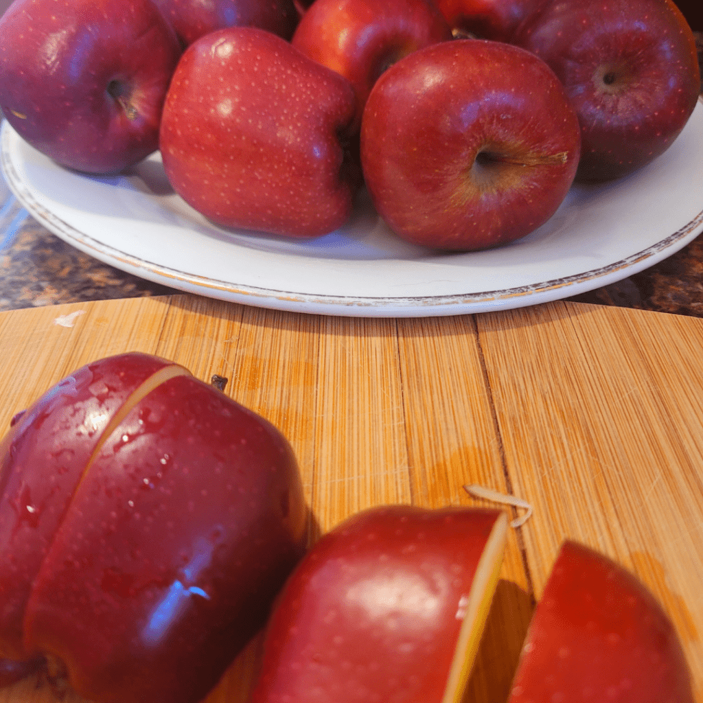 Image illustrates apples for an apple fritter bread recipe. 