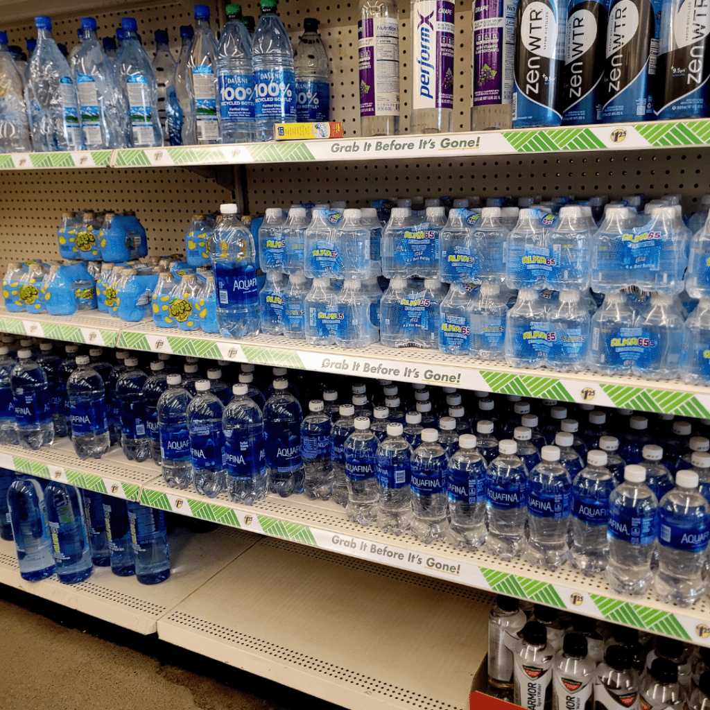 Image illustrates bottled water for Dollar Tree survival items.