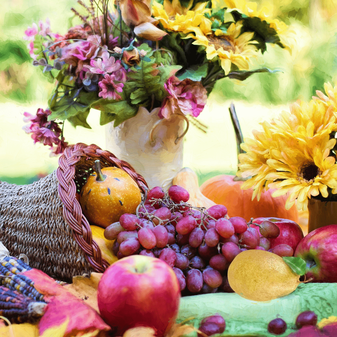 Image illustrates a Thanksgiving feast demonstrating growing a Thanksgiving feast in your backyard.