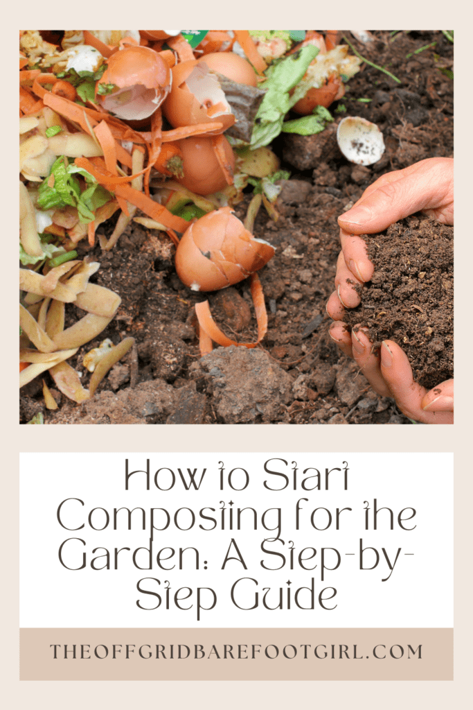 Image illustrates a Pinterest pin demonstrating how to do composting for the garden. 