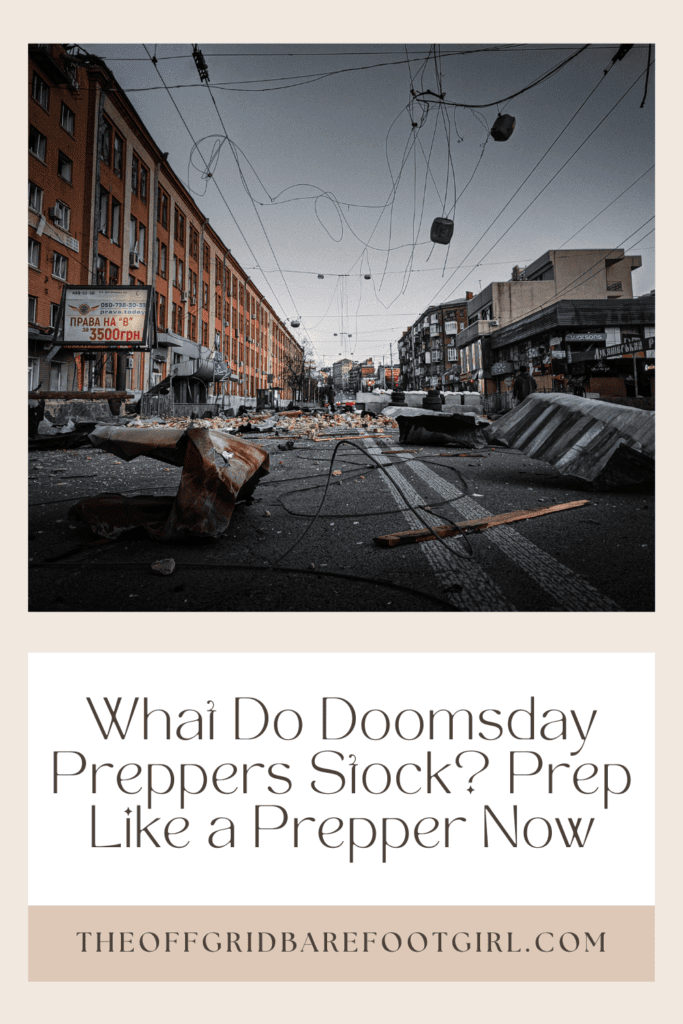 Image illustrates a Pinterest pin for a doomsday town demonstrating what do doomsday preppers stock.