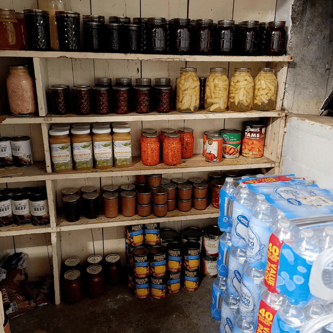 Image illustrates a prepped pantry demonstrating how to build a 6 month food supply.