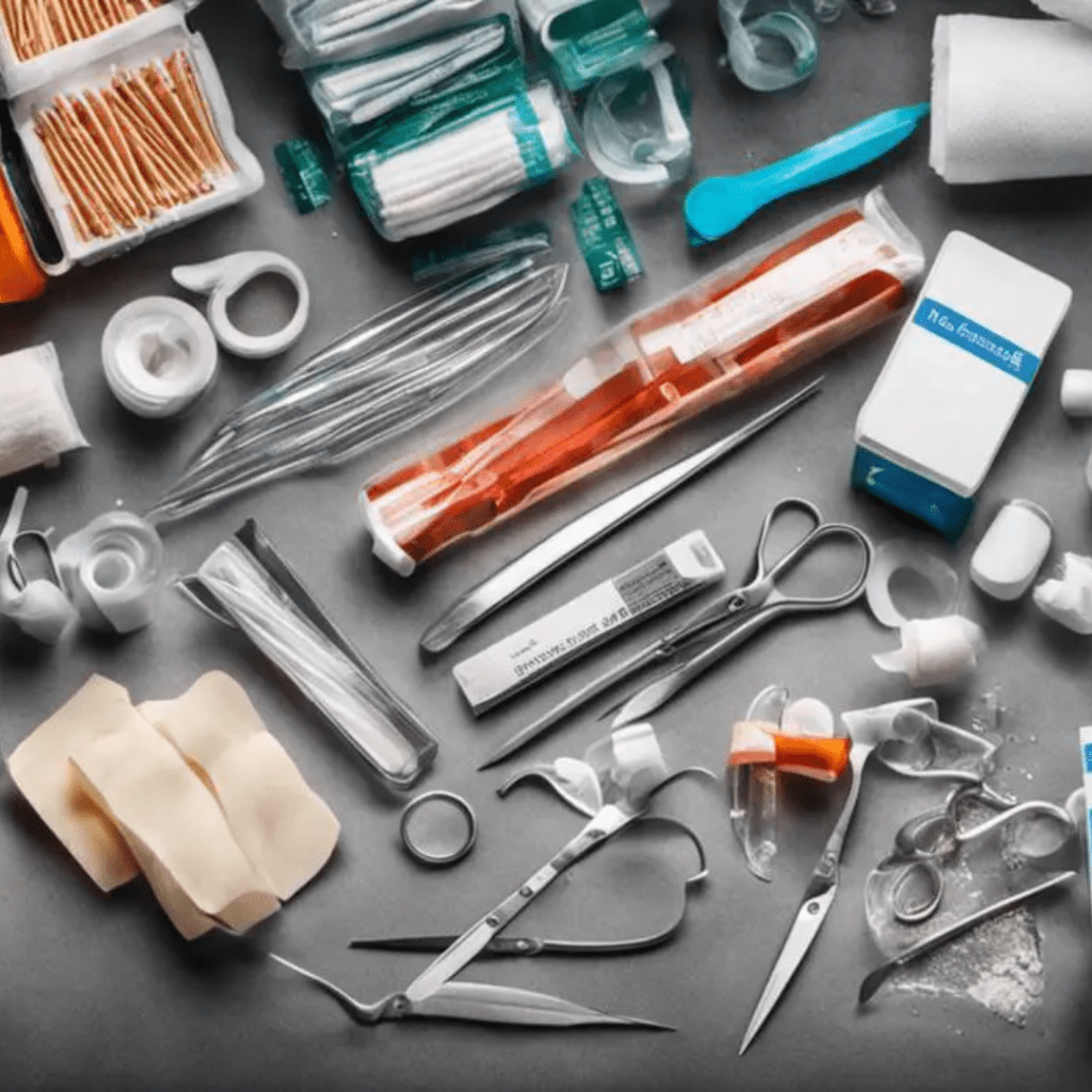 Image of medical supplies stockpile, including bandages, antiseptic wipes, tweezers, medical tape, painkillers, scissors, and sutures.