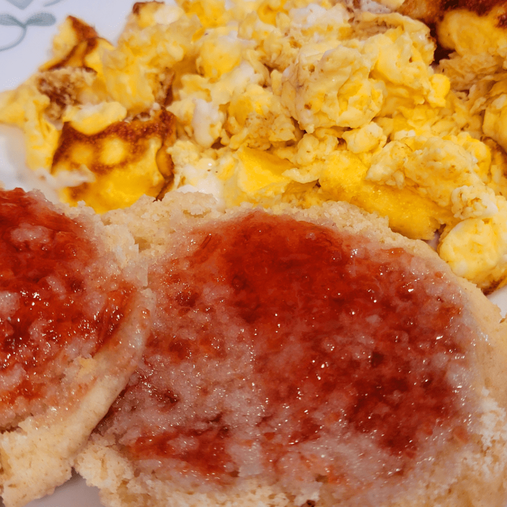 Image illustrates a biscuits and eggs breakfast.
