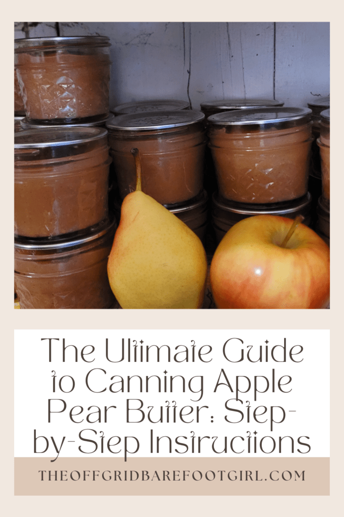Image illustrates a Pinterest pin of apple pear butter for an apple pear butter canning recipe.