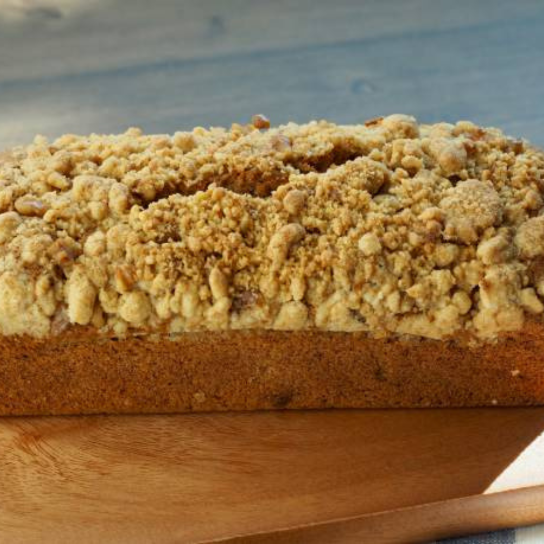 Image illustrates a streusel pear bread recipe. 