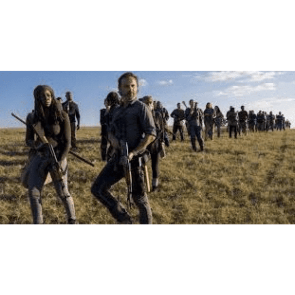 Image illustrates Rick Grimes in a group demonstrating leadership skills.