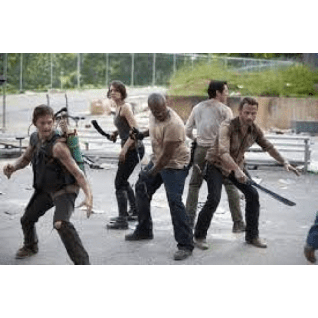 Image illustrates The Walking Dead characters in a group demonstrating The Walking Dead survival tactics.
