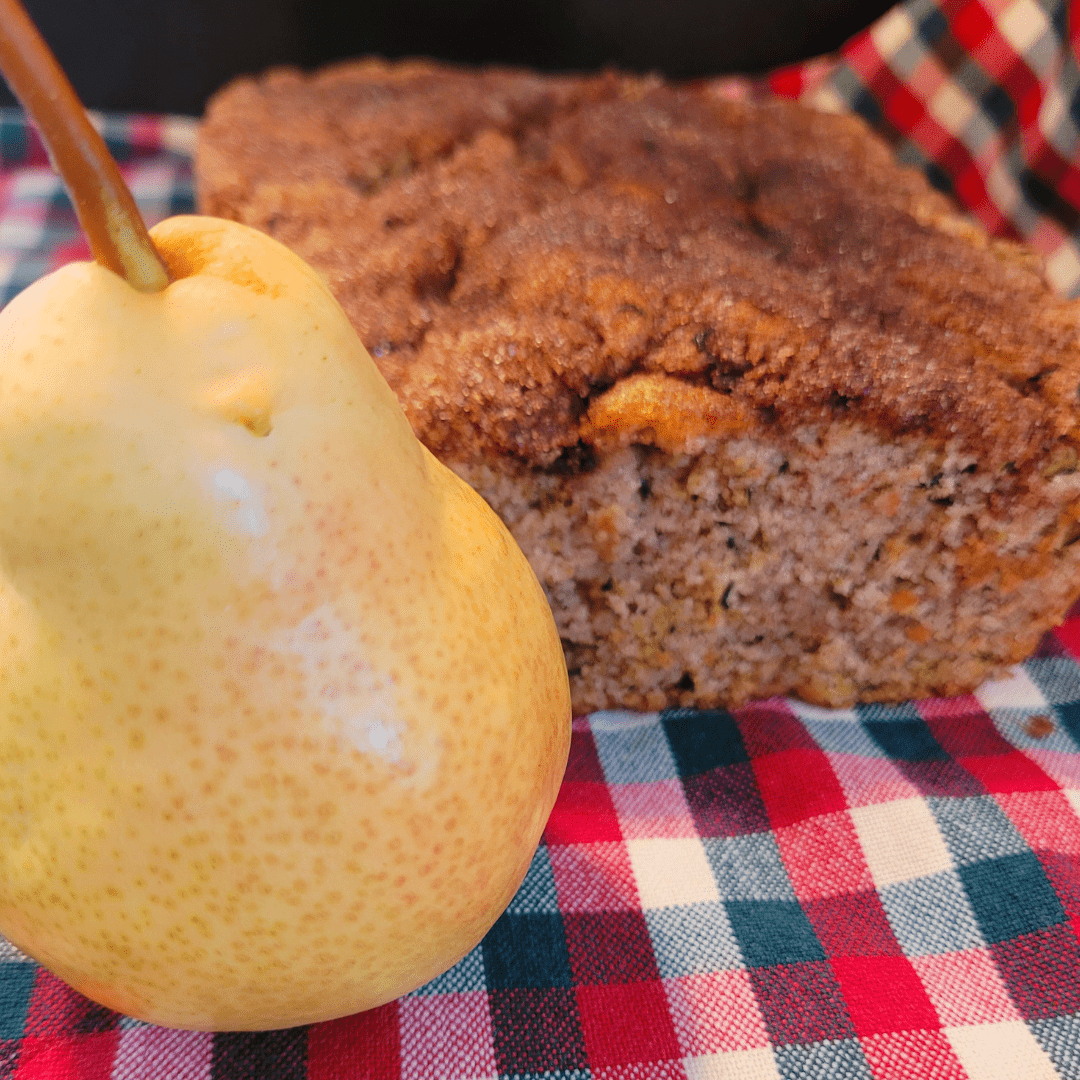 Image illustrates a pear and pear bread for a streusel pear bread recipe.
