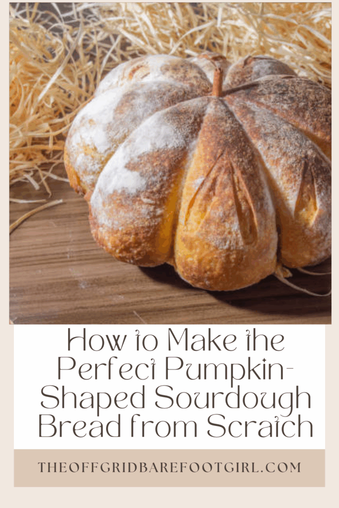 Image illustrates a Pinterest pin for a pumpkin-shaped loaf of bread.   