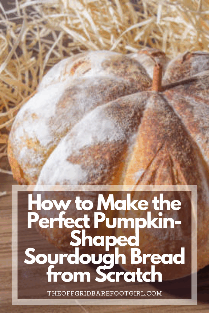 Image illustrates a Pinterest pin for a pumpkin-shaped loaf of bread.   