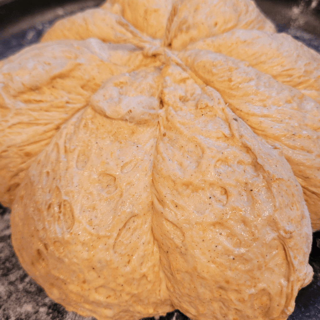 Image illustrates sourdough proofing for a pumpkin-shaped sourdough bread recipe.