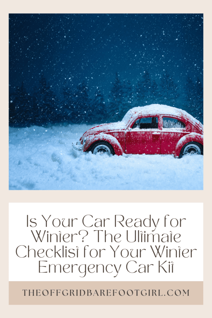 Image illustrates a Pinterest pin of a car in snow for demonstrating the importance of winter emergency car kits.