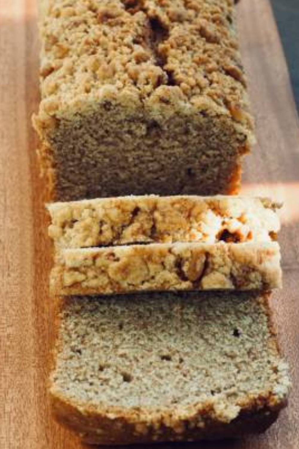 Image illustrates a streusel pear bread recipe. 