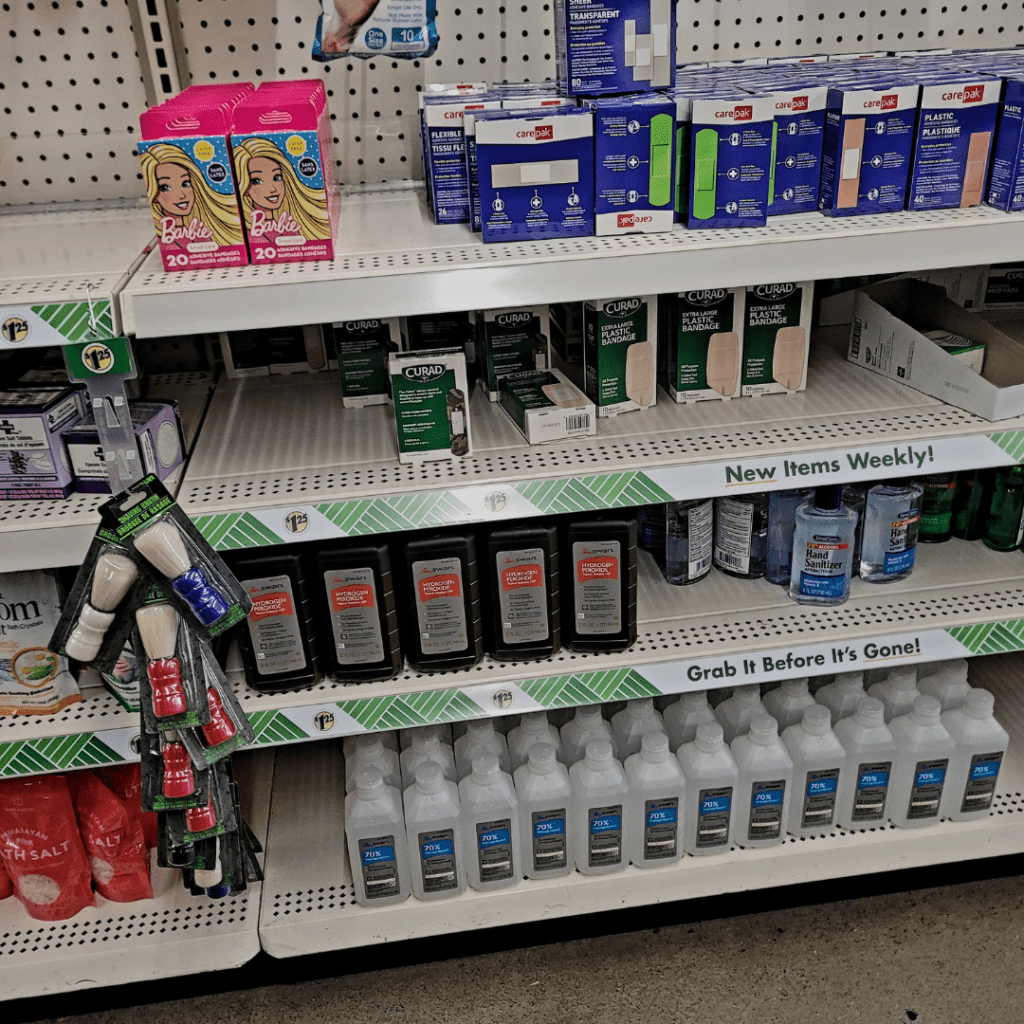 Image illustrates medical supplies for Dollar Tree survival items.