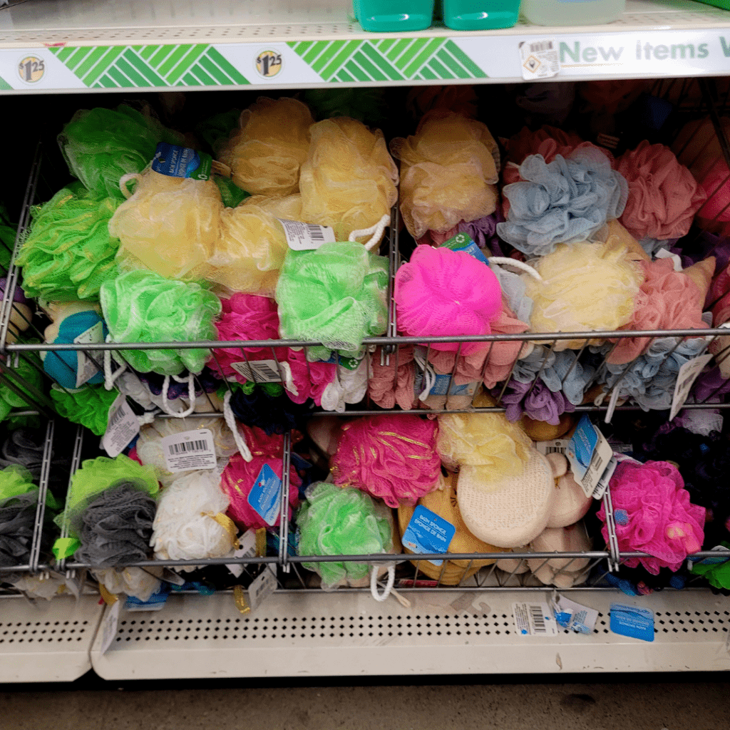 Image illustrates bath sponges for Dollar Tree survival items.