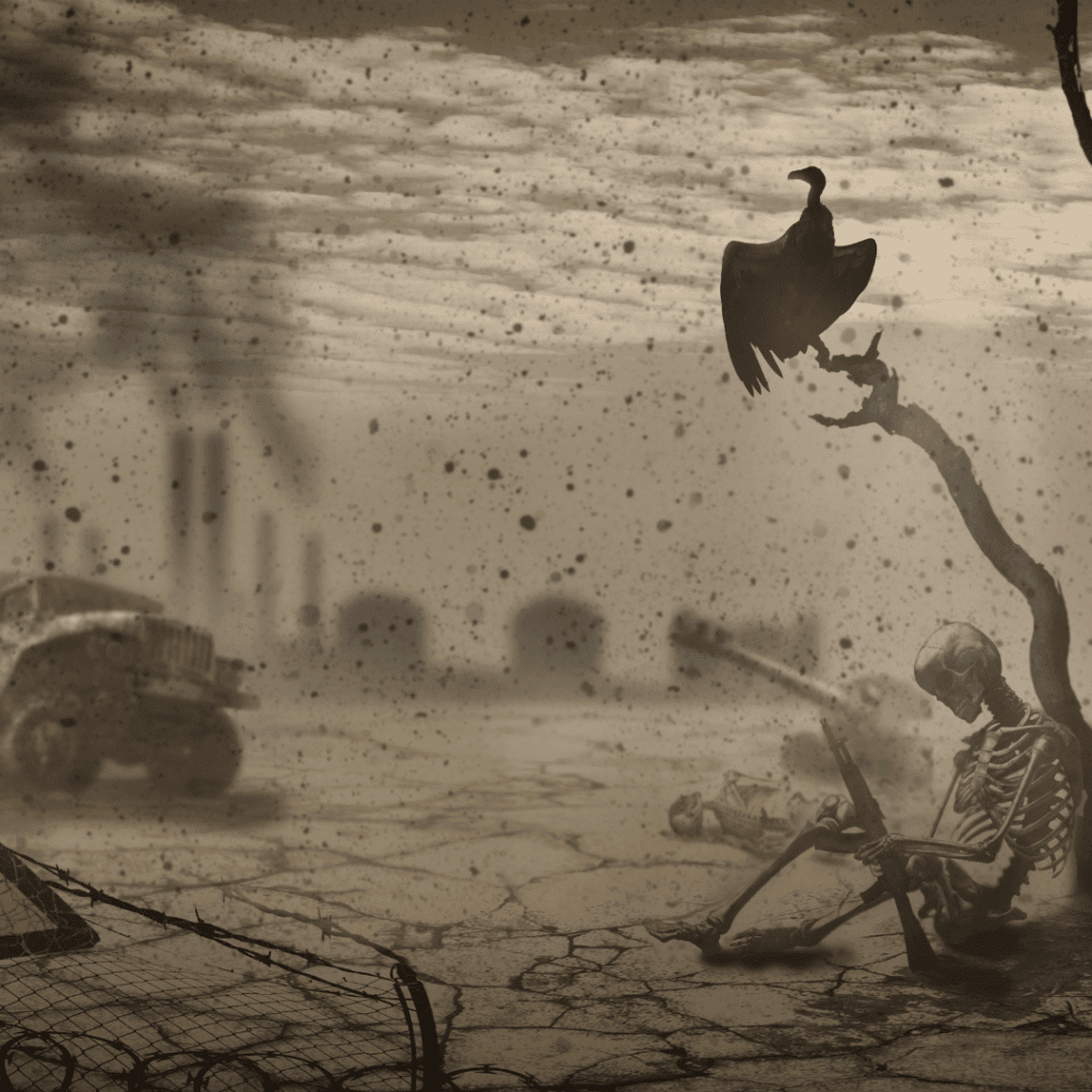 Image illustrates a warzone.