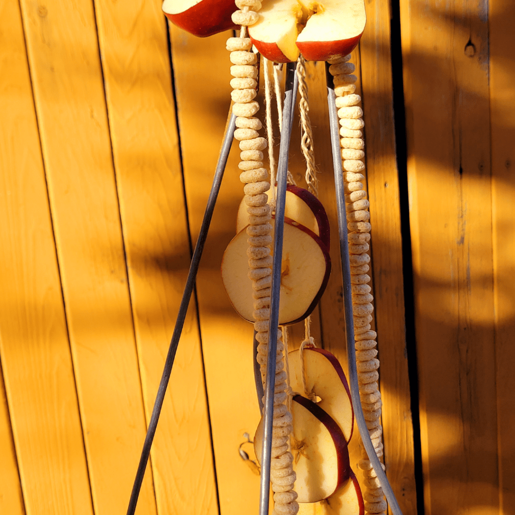 Image illustrates decorations for a bird feeder obelisk garden demonstrating how to make a bird feeder obelisk garden.