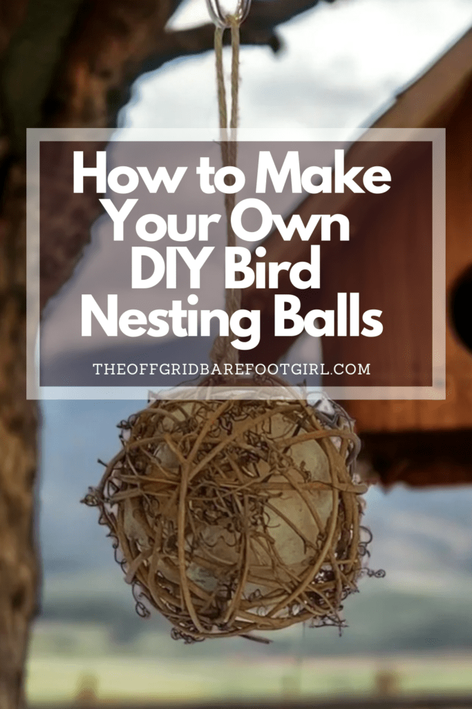 Image illustrates a Pinterest pin of a bird nesting ball hanging in a tree with a birdhouse demonstrating information on how to make your own DIY bird nesting balls.