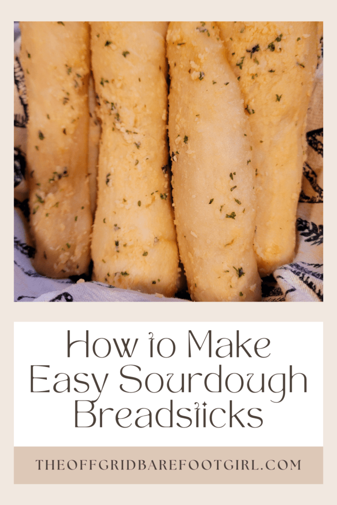 Image illustrates a Pinterest pin of sourdough breadsticks.