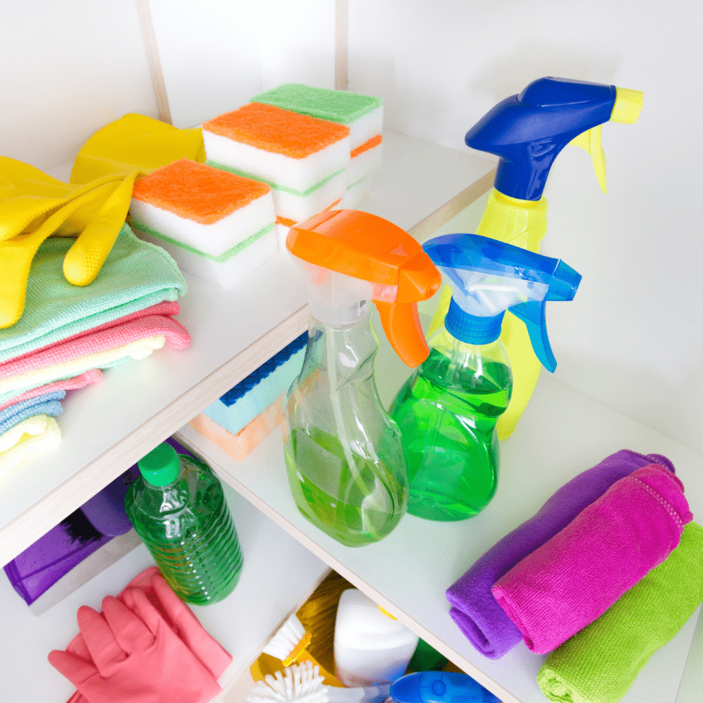 Image illustrates cleaning supplies for deep cleaning the pantry demonstrating how to get rid of moths in the pantry. 