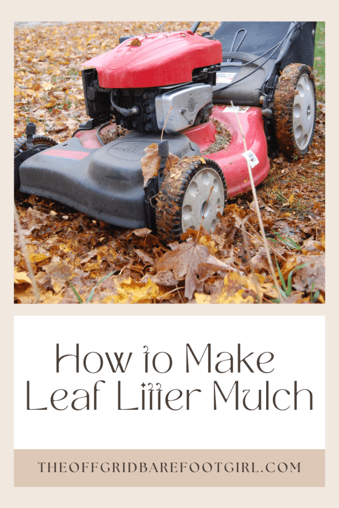 Image illustrates a Pinterest pin of shredding leaves with a lawn mower demonstrating information on how to make leaf litter mulch. 