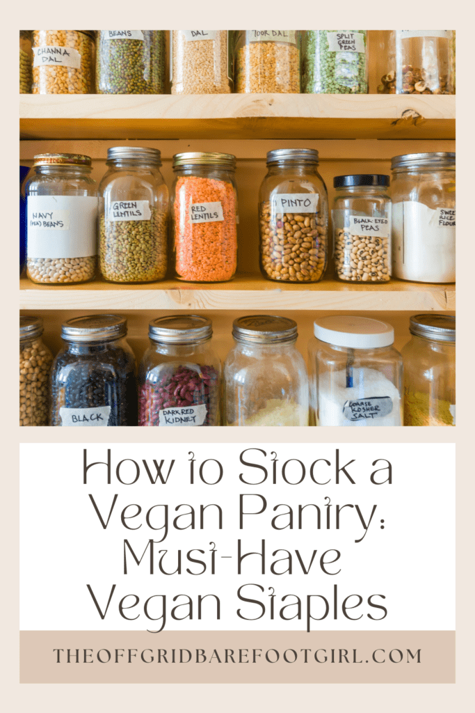 Image illustrates a Pinterest pin of a pantry of ingredients demonstrating how to stock a vegan pantry.