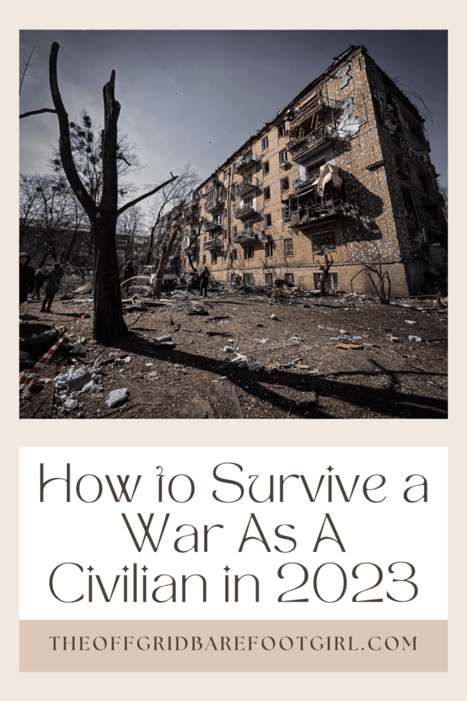 Image illustrates a Pinterest pin of a warzone demonstrating how to survive a war as a civilian.