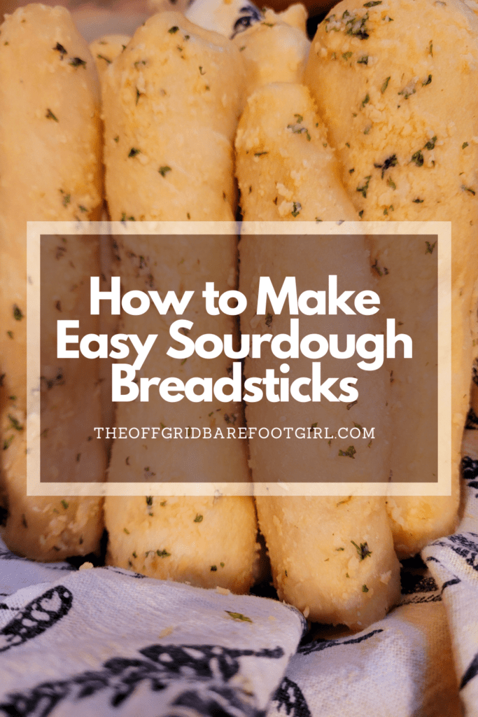 Image illustrates a Pinterest pin of sourdough breadsticks.