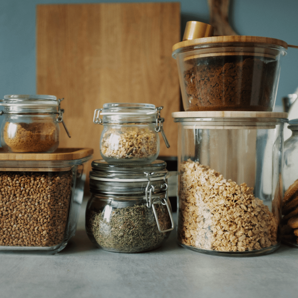 Image illustrates herbs and spices demonstrating how to stock a working pantry. 