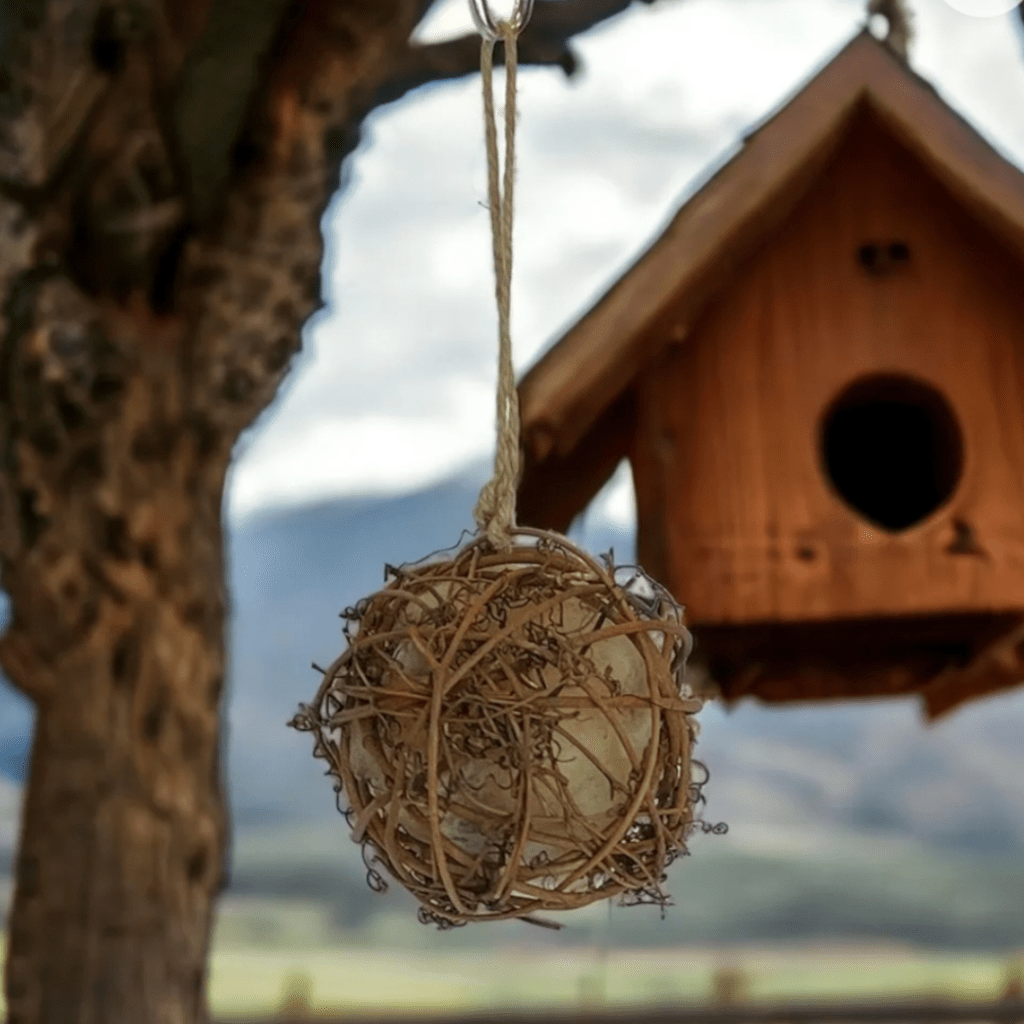 Image illustrates a bird nesting ball hanging in a tree with a birdhouse demonstrating information on how to make your own DIY bird nesting balls.