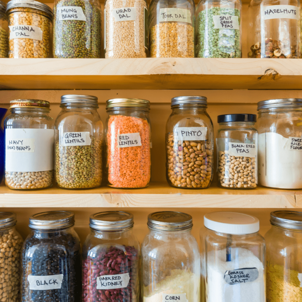 Image illustrates a pantry of ingredients demonstrating how to stock a vegan pantry.