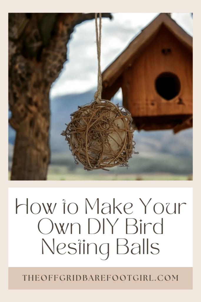 Image illustrates a Pinterest pin of a bird nesting ball hanging in a tree with a birdhouse demonstrating information on how to make your own DIY bird nesting balls.