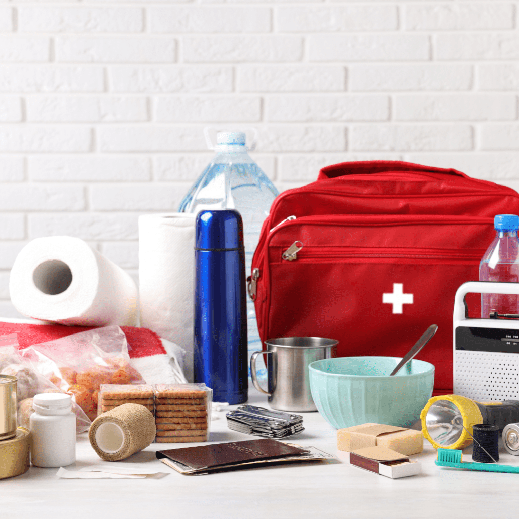 Image illustrates emergency supplies demonstrating how to survive a war as a civilian.