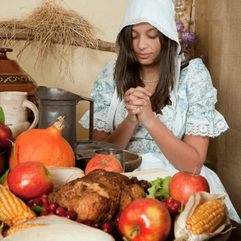 Image illustrates a woman dressed as a pilgrim to celebrate Thanksgiving demonstrating what Thanksgiving teaches us about survival. 