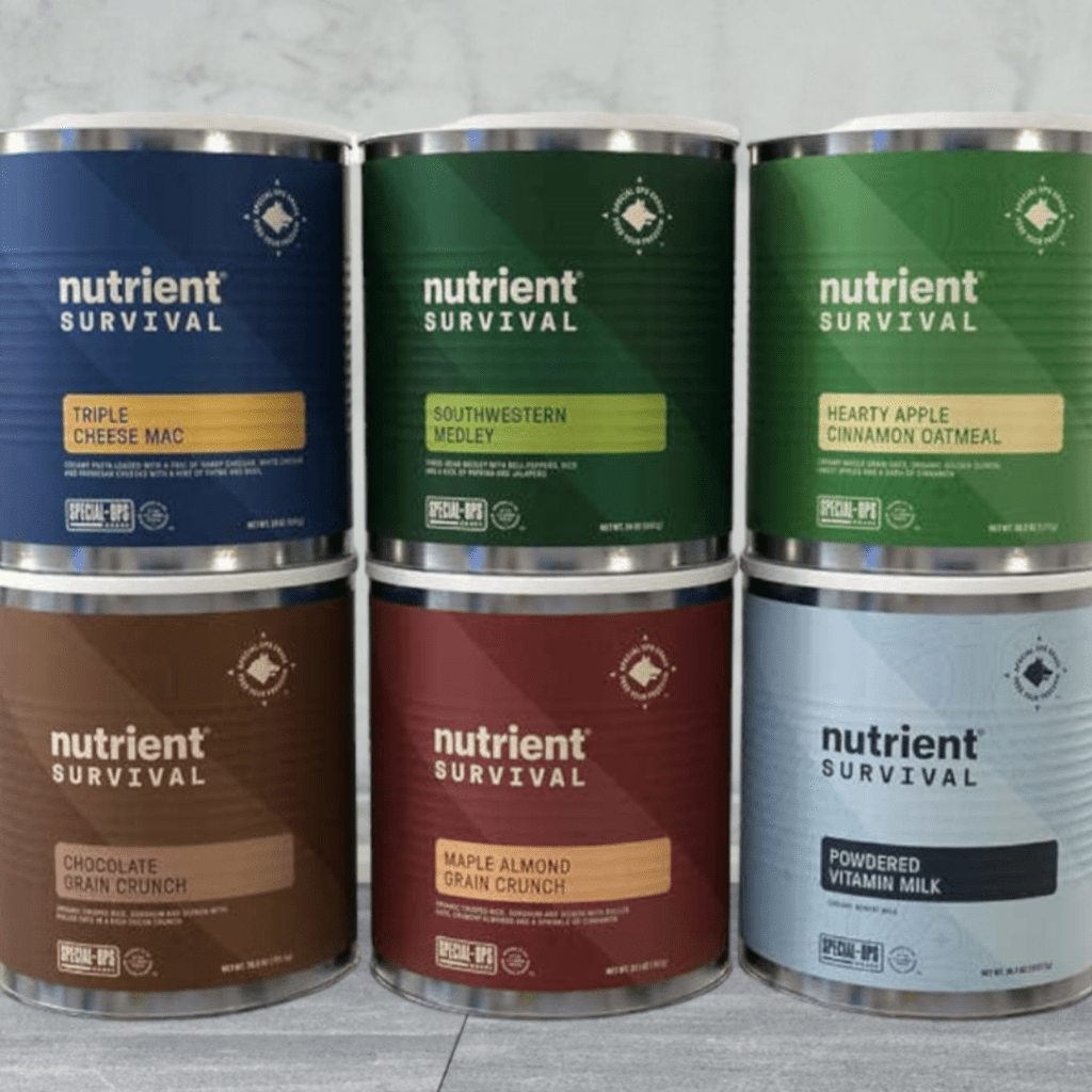 Image illustrates emergency food in tin cans from Nutrient Survival emergency food supplier.