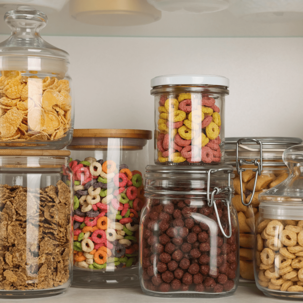 Image illustrates cereal in storage containers demonstrating how to stock a working pantry. 