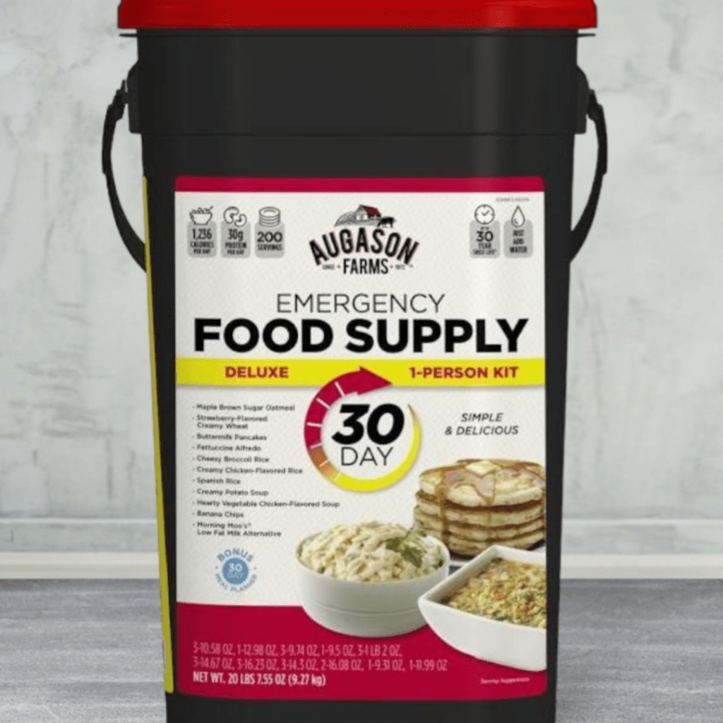 Image illustrates an emergency food bucket demonstrating best emergency food suppliers.