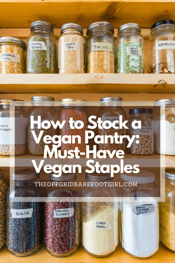 Image illustrates a Pinterest pin of a pantry of ingredients demonstrating how to stock a vegan pantry.