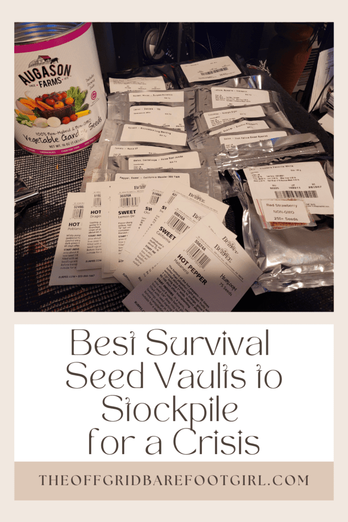 Image illustrates a Pinterest pin of seeds for the best survival seed vaults.