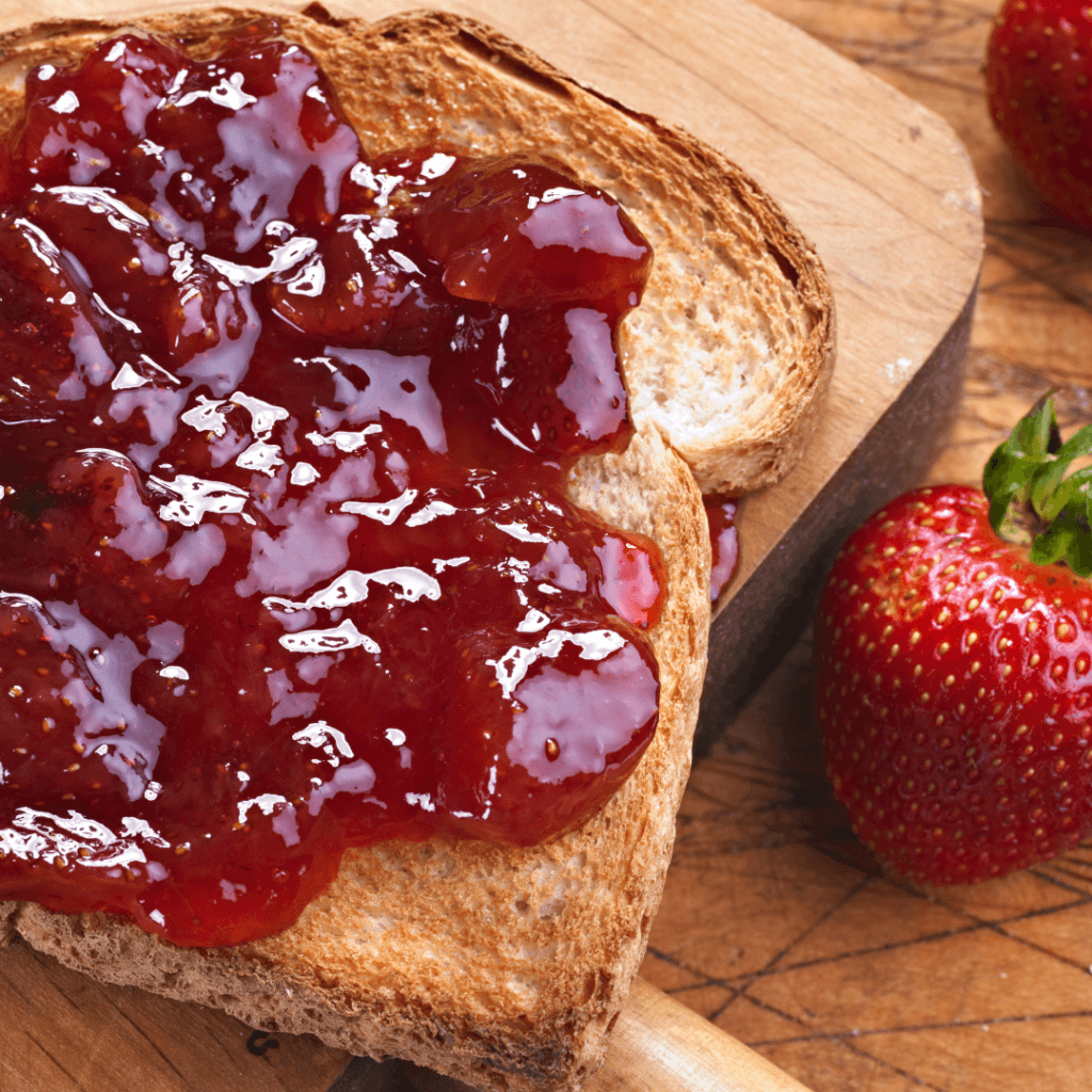Image illustrates homemade strawberry shortcake jam. 
