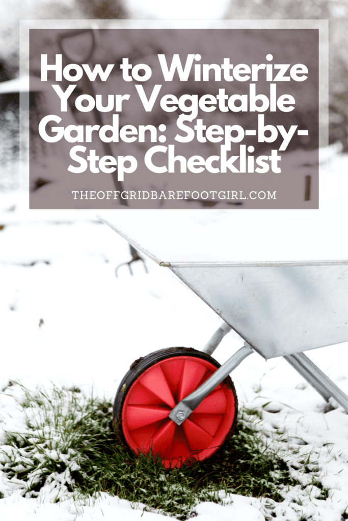 Image illustrates a wheel barrow and a pitch fork for how to winterize your vegetable garden.