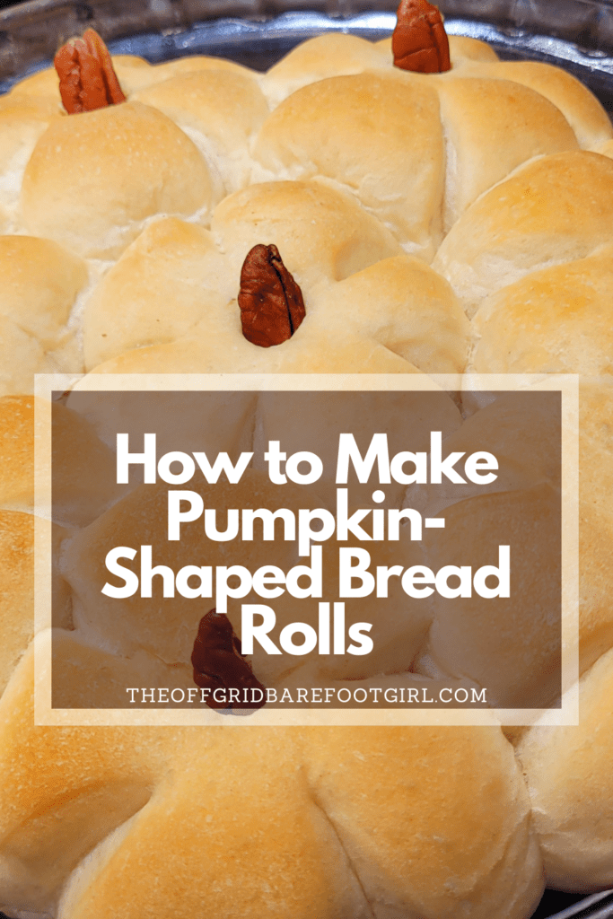 Image illustrates a Pinterest pin of pumpkin-shaped bread rolls for a recipe.