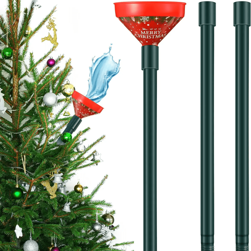 Image illustrates a Christmas tree watering system demonstrating information on how to make your Christmas tree survive. 