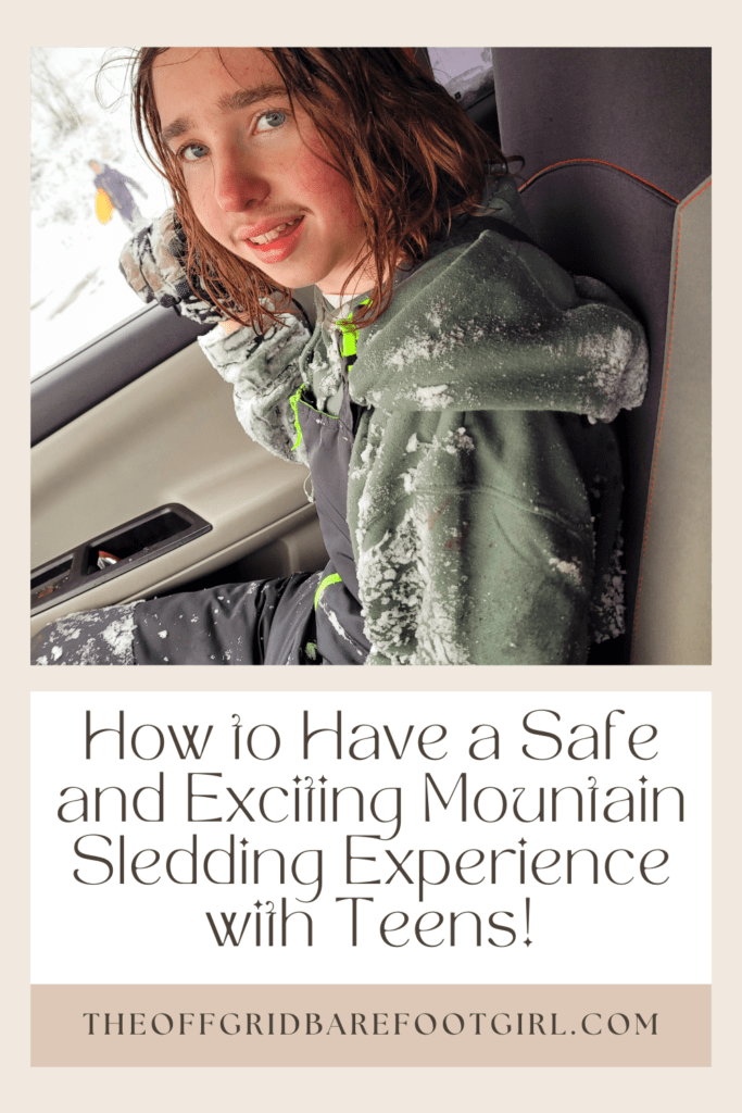 Image illustrates a Pinterest pin of a boy geared up for mountain sledding demonstrating information on mountain sledding with teens. 