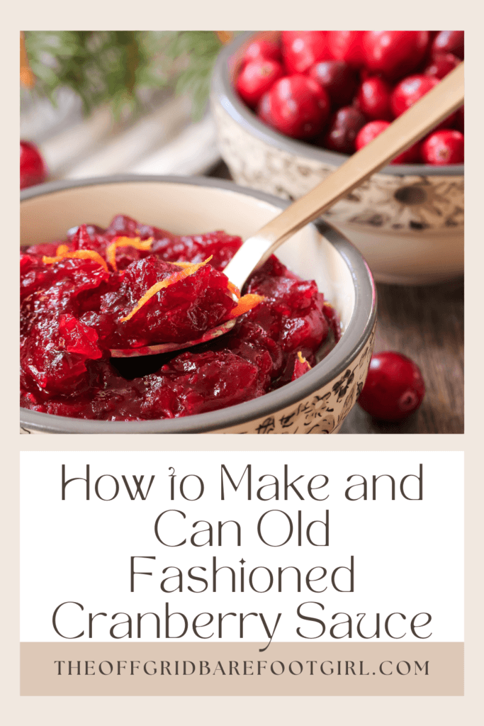 Image illustrates a Pinterest pin of cranberry sauce demonstrating an old-fashioned cranberry sauce recipe. 