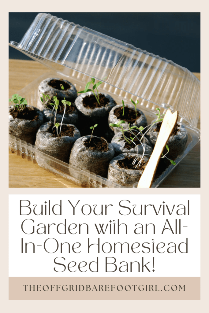 Image illustrates a Pinterest pin of information for buying a homestead seed bank.