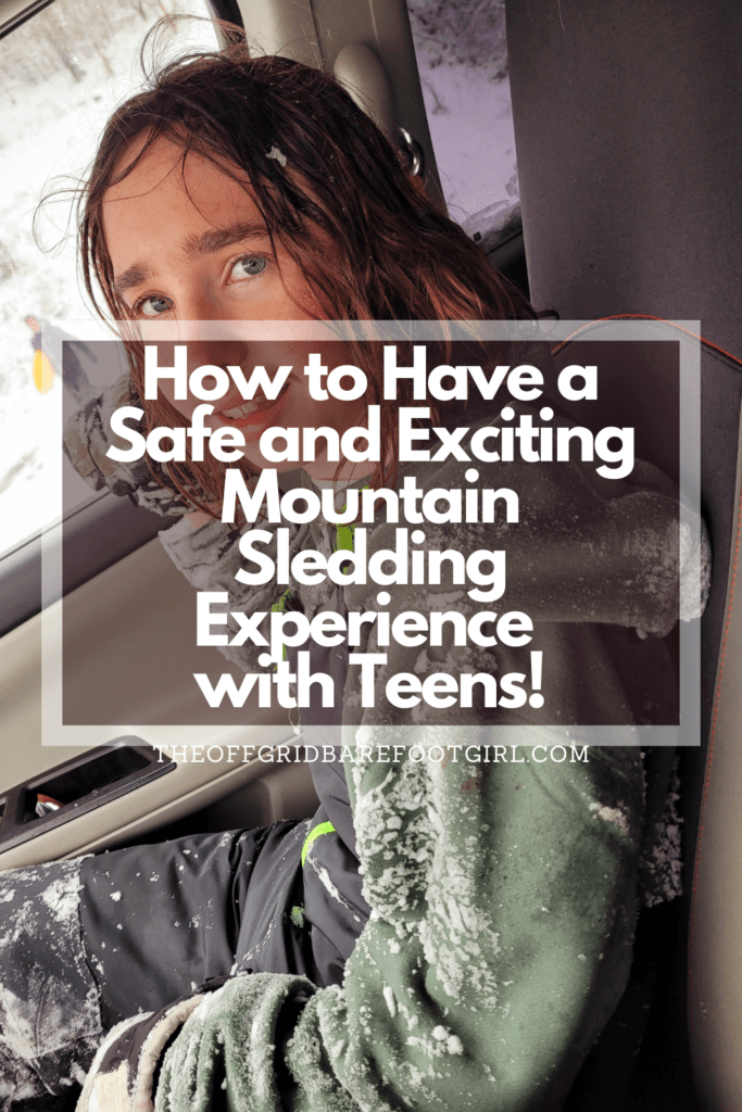 Image illustrates a Pinterest pin of a boy geared up for mountain sledding demonstrating information on mountain sledding with teens. 