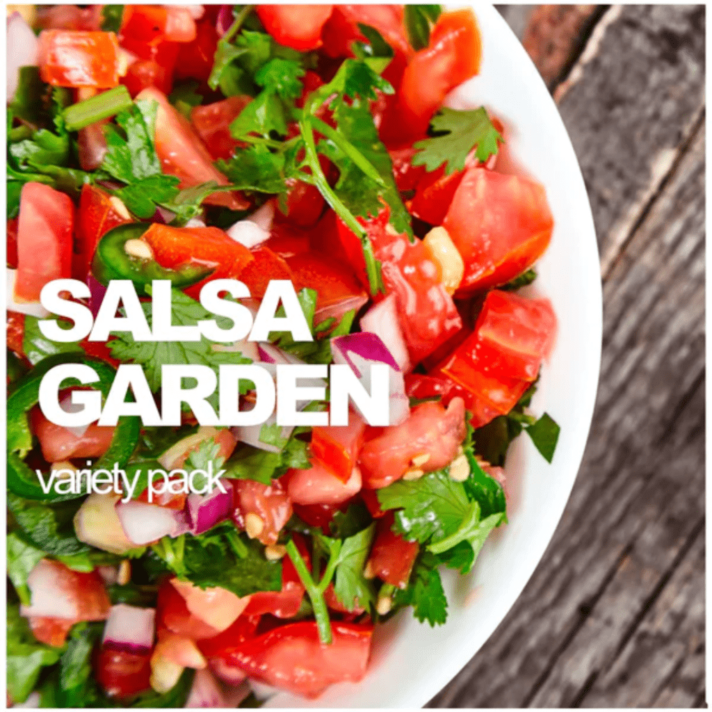 Image illustrates a plate of salsa demonstrating information about how to plant and grow a salsa garden with a salsa garden variety seed pack. 