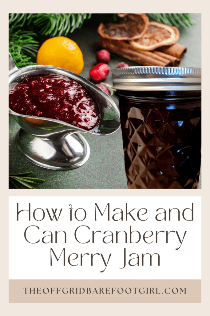 Image illustrates a Pinterest pin of Christmas cranberry jam for a cranberry merry jam recipe.